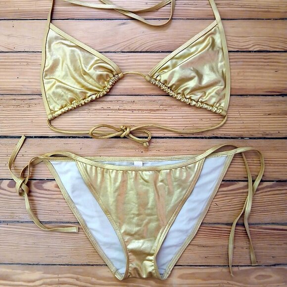 Victoria's Secret  Vintage Y2K Gold Lame' Triangle String Bikini SzL - Picture 1 of 7